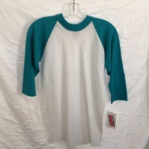 Teal and white baseball tee